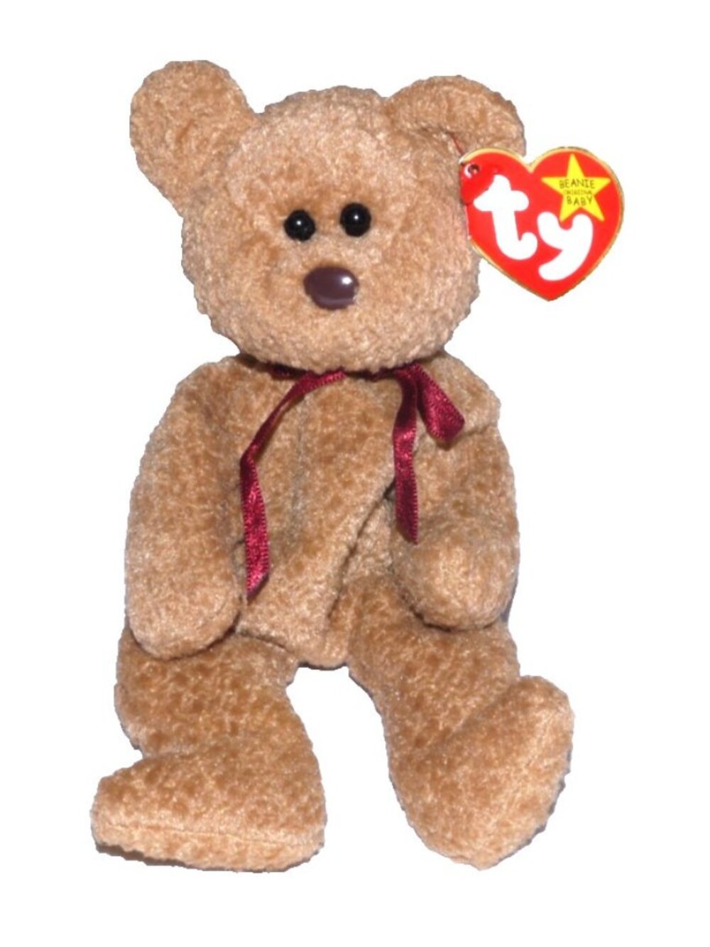 TY Beanie Babies Curly brown bear stuffed plush 8" long PE pellet 1993 TAG ERROR